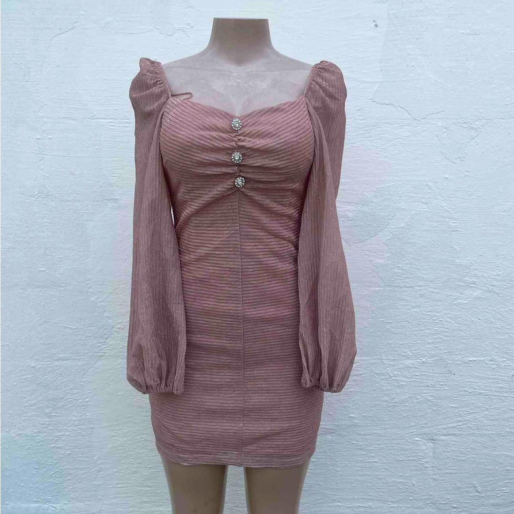 Pomelo Pink Long Sleeve Dress with Button Detail